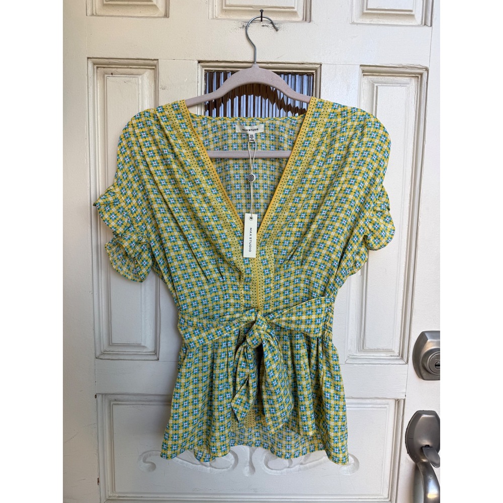 Max Studio Yellow Geometric Floral V-Neck Ruffle Peplum Blouse Size XS NEW